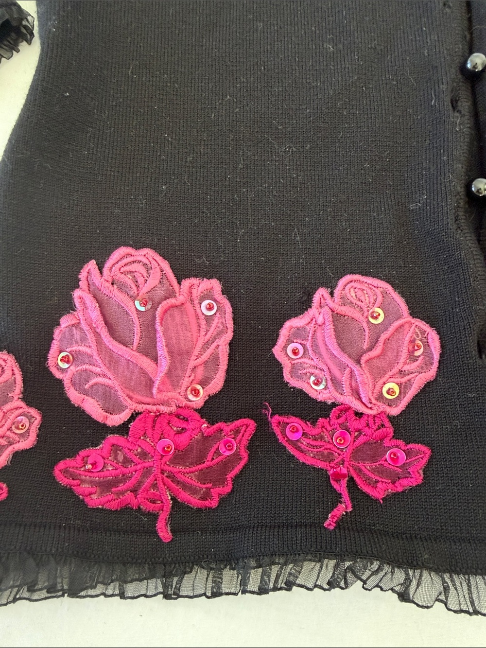 Vintage Betsey Johnson Black Button-Front Top with Pink Rose Embroidery - Picture 2 of 5